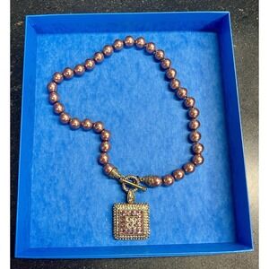 Heidi Daus Pink Crystal Faux Pearl Bronze Tone‎ Necklace 18 Inch in Box